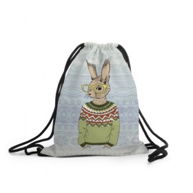 Рюкзак-мешок 3D с принтом Кролик хипстер в Петрозаводске, 100% полиэстер | плотность ткани — 200 г/м2, размер — 35 х 45 см; лямки — толстые шнурки, застежка на шнуровке, без карманов и подкладки | зима | кролик | новый год | подарок | рождество