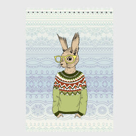Скетчбук с принтом Кролик хипстер в Петрозаводске, 100% бумага
 | 48 листов, плотность листов — 100 г/м2, плотность картонной обложки — 250 г/м2. Листы скреплены сверху удобной пружинной спиралью | Тематика изображения на принте: зима | кролик | новый год | подарок | рождество