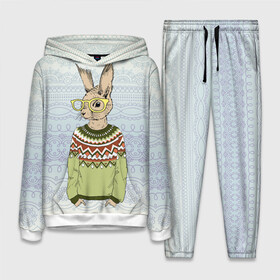 Женский костюм 3D (с толстовкой) с принтом Кролик хипстер в Петрозаводске,  |  | зима | кролик | новый год | подарок | рождество