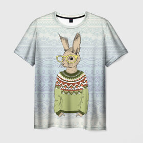 Мужская футболка 3D с принтом Кролик хипстер в Петрозаводске, 100% полиэфир | прямой крой, круглый вырез горловины, длина до линии бедер | зима | кролик | новый год | подарок | рождество