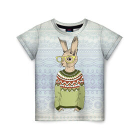 Детская футболка 3D с принтом Кролик хипстер в Петрозаводске, 100% гипоаллергенный полиэфир | прямой крой, круглый вырез горловины, длина до линии бедер, чуть спущенное плечо, ткань немного тянется | Тематика изображения на принте: зима | кролик | новый год | подарок | рождество