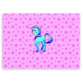 Поздравительная открытка с принтом Единорог в Петрозаводске, 100% бумага | плотность бумаги 280 г/м2, матовая, на обратной стороне линовка и место для марки
 | dream | pink | poni | pony | unicorn | единорог | звездочки | звезды | пони | розовый
