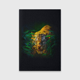 Обложка для паспорта матовая кожа с принтом Тигр в джунглях в Петрозаводске, натуральная матовая кожа | размер 19,3 х 13,7 см; прозрачные пластиковые крепления | 