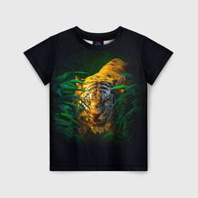 Детская футболка 3D с принтом Тигр в джунглях в Петрозаводске, 100% гипоаллергенный полиэфир | прямой крой, круглый вырез горловины, длина до линии бедер, чуть спущенное плечо, ткань немного тянется | 