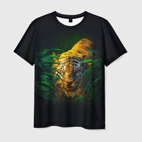 Мужская футболка 3D с принтом Тигр в джунглях в Петрозаводске, 100% полиэфир | прямой крой, круглый вырез горловины, длина до линии бедер | 
