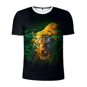 Мужская футболка 3D спортивная с принтом Тигр в джунглях в Петрозаводске, 100% полиэстер с улучшенными характеристиками | приталенный силуэт, круглая горловина, широкие плечи, сужается к линии бедра | 