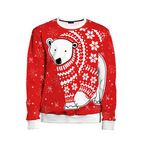 Детский свитшот 3D с принтом Белый медведь в свитере в Петрозаводске, 100% полиэстер | свободная посадка, прямой крой, мягкая тканевая резинка на рукавах и понизу свитшота | Тематика изображения на принте: red | snow | snowflakes | stars | sweater | white bear | winter | белый медведь | звезды | зима | красный | снег | снежинки