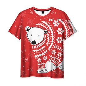 Мужская футболка 3D с принтом Белый медведь в свитере в Петрозаводске, 100% полиэфир | прямой крой, круглый вырез горловины, длина до линии бедер | red | snow | snowflakes | stars | sweater | white bear | winter | белый медведь | звезды | зима | красный | снег | снежинки