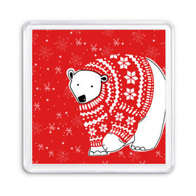 Магнит 55*55 с принтом Белый медведь в свитере в Петрозаводске, Пластик | Размер: 65*65 мм; Размер печати: 55*55 мм | Тематика изображения на принте: red | snow | snowflakes | stars | sweater | white bear | winter | белый медведь | звезды | зима | красный | снег | снежинки