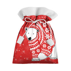 Подарочный 3D мешок с принтом Белый медведь в свитере в Петрозаводске, 100% полиэстер | Размер: 29*39 см | Тематика изображения на принте: red | snow | snowflakes | stars | sweater | white bear | winter | белый медведь | звезды | зима | красный | снег | снежинки