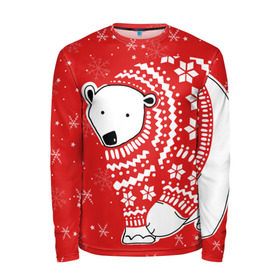 Мужской лонгслив 3D с принтом Белый медведь в свитере в Петрозаводске, 100% полиэстер | длинные рукава, круглый вырез горловины, полуприлегающий силуэт | red | snow | snowflakes | stars | sweater | white bear | winter | белый медведь | звезды | зима | красный | снег | снежинки