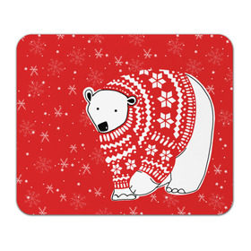 Коврик прямоугольный с принтом Белый медведь в свитере в Петрозаводске, натуральный каучук | размер 230 х 185 мм; запечатка лицевой стороны | Тематика изображения на принте: red | snow | snowflakes | stars | sweater | white bear | winter | белый медведь | звезды | зима | красный | снег | снежинки