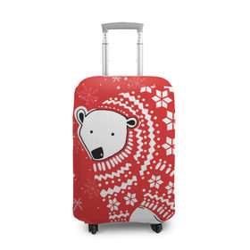 Чехол для чемодана 3D с принтом Белый медведь в свитере в Петрозаводске, 86% полиэфир, 14% спандекс | двустороннее нанесение принта, прорези для ручек и колес | red | snow | snowflakes | stars | sweater | white bear | winter | белый медведь | звезды | зима | красный | снег | снежинки