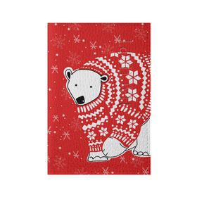 Обложка для паспорта матовая кожа с принтом Белый медведь в свитере в Петрозаводске, натуральная матовая кожа | размер 19,3 х 13,7 см; прозрачные пластиковые крепления | red | snow | snowflakes | stars | sweater | white bear | winter | белый медведь | звезды | зима | красный | снег | снежинки