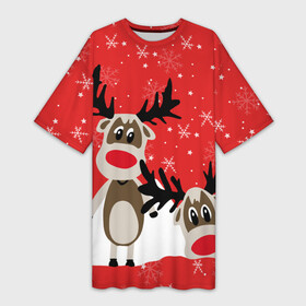 Платье-футболка 3D с принтом Олени в Петрозаводске,  |  | animals | background | deer | mountains | red | snow | snowflakes | stars | winter | горы | животные | звезды | зима | красный фон | олени | снег | снежинки