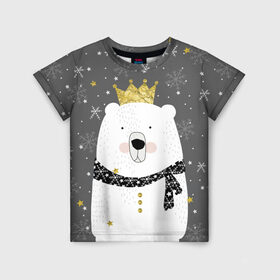 Детская футболка 3D с принтом Белый медведь в короне в Петрозаводске, 100% гипоаллергенный полиэфир | прямой крой, круглый вырез горловины, длина до линии бедер, чуть спущенное плечо, ткань немного тянется | animal | bear | crown | gold | mountains | scarf | snow | snowflakes | stars | white | winter | белый | горы | животные | звезды | зима | золотая | корона | медведь | снег | снежинки | шарф