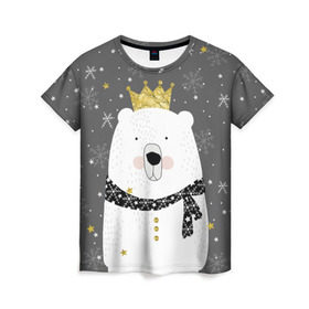 Женская футболка 3D с принтом Белый медведь в короне в Петрозаводске, 100% полиэфир ( синтетическое хлопкоподобное полотно) | прямой крой, круглый вырез горловины, длина до линии бедер | animal | bear | crown | gold | mountains | scarf | snow | snowflakes | stars | white | winter | белый | горы | животные | звезды | зима | золотая | корона | медведь | снег | снежинки | шарф