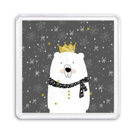 Магнит 55*55 с принтом Белый медведь в короне в Петрозаводске, Пластик | Размер: 65*65 мм; Размер печати: 55*55 мм | Тематика изображения на принте: animal | bear | crown | gold | mountains | scarf | snow | snowflakes | stars | white | winter | белый | горы | животные | звезды | зима | золотая | корона | медведь | снег | снежинки | шарф