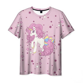 Мужская футболка 3D с принтом Единорог, в Петрозаводске, 100% полиэфир | прямой крой, круглый вырез горловины, длина до линии бедер | anime | bow | hair | horn | horse | pink | pony | star | unicorn | анимэ | бант | единорог | звезды | конь | кудри | лошадка | пони | рог | розовые