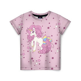 Детская футболка 3D с принтом Единорог, в Петрозаводске, 100% гипоаллергенный полиэфир | прямой крой, круглый вырез горловины, длина до линии бедер, чуть спущенное плечо, ткань немного тянется | Тематика изображения на принте: anime | bow | hair | horn | horse | pink | pony | star | unicorn | анимэ | бант | единорог | звезды | конь | кудри | лошадка | пони | рог | розовые