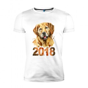 Мужская футболка премиум с принтом Собака 2018 в Петрозаводске, 92% хлопок, 8% лайкра | приталенный силуэт, круглый вырез ворота, длина до линии бедра, короткий рукав | зима | новый год | подарок | рождество | собака
