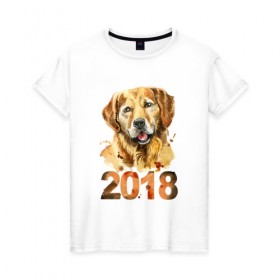 Женская футболка хлопок с принтом Собака 2018 в Петрозаводске, 100% хлопок | прямой крой, круглый вырез горловины, длина до линии бедер, слегка спущенное плечо | зима | новый год | подарок | рождество | собака