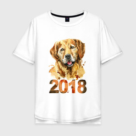 Мужская футболка хлопок Oversize с принтом Собака 2018 в Петрозаводске, 100% хлопок | свободный крой, круглый ворот, “спинка” длиннее передней части | зима | новый год | подарок | рождество | собака