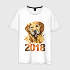Мужская футболка хлопок с принтом Собака 2018 в Петрозаводске, 100% хлопок | прямой крой, круглый вырез горловины, длина до линии бедер, слегка спущенное плечо. | зима | новый год | подарок | рождество | собака