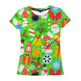 Женская футболка 3D с принтом Новогодняя текстура в Петрозаводске, 100% полиэфир ( синтетическое хлопкоподобное полотно) | прямой крой, круглый вырез горловины, длина до линии бедер | елка | елочные игрушки | зима | подарки | снеговик
