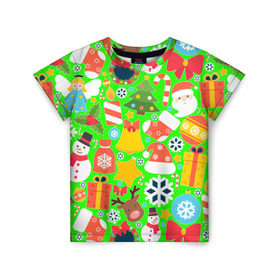 Детская футболка 3D с принтом Новогодняя текстура в Петрозаводске, 100% гипоаллергенный полиэфир | прямой крой, круглый вырез горловины, длина до линии бедер, чуть спущенное плечо, ткань немного тянется | елка | елочные игрушки | зима | подарки | снеговик