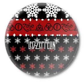 Значок с принтом Праздничный Led Zeppelin в Петрозаводске,  металл | круглая форма, металлическая застежка в виде булавки | Тематика изображения на принте: led zeppelin | блюз | группа | джимми пейдж | джон генри бонэм | джон пол джонс | знак | красный | лед зепелен | лед зеппелин | метал | надпись | новогодний | новый год | праздник | роберт плант | рождество
