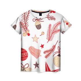 Женская футболка 3D с принтом Новогодняя текстура в Петрозаводске, 100% полиэфир ( синтетическое хлопкоподобное полотно) | прямой крой, круглый вырез горловины, длина до линии бедер | белый | елка | елочные игрушки | зима