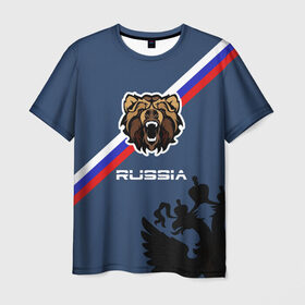 Мужская футболка 3D с принтом Russia медведь в Петрозаводске, 100% полиэфир | прямой крой, круглый вырез горловины, длина до линии бедер | Тематика изображения на принте: russia | белый синий красный | герб | патриот | российская федерация | российский | россия | русский | рф | триколор | флаг