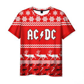 Мужская футболка 3D с принтом Праздничный AC/DC в Петрозаводске, 100% полиэфир | прямой крой, круглый вырез горловины, длина до линии бедер | Тематика изображения на принте: ac dc | acdc |   снежинки | ангус янг | ас дс | асдс | крис слэйд | новогодний | новый год | рождество | стиви янг | эксл роуз