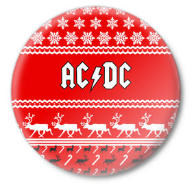 Значок с принтом Праздничный AC/DC в Петрозаводске,  металл | круглая форма, металлическая застежка в виде булавки | Тематика изображения на принте: ac dc | acdc |   снежинки | ангус янг | ас дс | асдс | крис слэйд | новогодний | новый год | рождество | стиви янг | эксл роуз