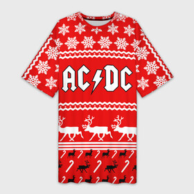 Платье-футболка 3D с принтом Праздничный AC DC в Петрозаводске,  |  | ac dc | acdc |   снежинки | ангус янг | ас дс | асдс | крис слэйд | новогодний | новый год | рождество | стиви янг | эксл роуз
