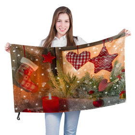 Флаг 3D с принтом Новогодняя сказка в Петрозаводске, 100% полиэстер | плотность ткани — 95 г/м2, размер — 67 х 109 см. Принт наносится с одной стороны | елка | мягкие игрушки | новый год снег | свеча | снежинки
