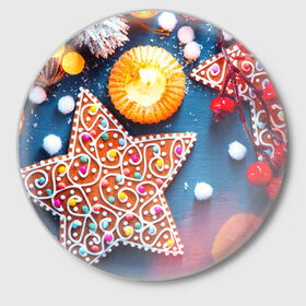 Значок с принтом Новогодняя фантазия в Петрозаводске,  металл | круглая форма, металлическая застежка в виде булавки | Тематика изображения на принте: новый год снег | пряники | сладость | снежинки