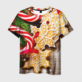 Мужская футболка 3D с принтом Однажды в Сочельник в Петрозаводске, 100% полиэфир | прямой крой, круглый вырез горловины, длина до линии бедер | елка | новый год снег | пряники | сладость | снежинки