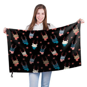 Флаг 3D с принтом Праздничный котик в Петрозаводске, 100% полиэстер | плотность ткани — 95 г/м2, размер — 67 х 109 см. Принт наносится с одной стороны | елка | котик | новый год | рога | снег | снежинки