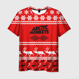 Мужская футболка 3D с принтом Arctic Monkeys в Петрозаводске, 100% полиэфир | прямой крой, круглый вырез горловины, длина до линии бедер | arc | алекс тёрнер | арктик | арктические | гаражный | группа | джейми кук | знак | инди | красный | манкис | мартышки | музыка | надпись | ник о мэлли | новогодний | новый год | обезьяна | постпанк