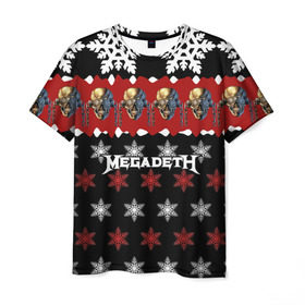 Мужская футболка 3D с принтом Праздничный Megadeth в Петрозаводске, 100% полиэфир | прямой крой, круглый вырез горловины, длина до линии бедер | Тематика изображения на принте: me | megadeth | группа | дирк вербурен | дэвид эллефсон | дэйв мастейн | знак | кико лоурейро | красный | мегадет | метал | надпись | новогодний | новый год | праздник | рождество | рок | снежинки | трэш