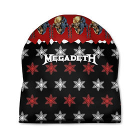 Шапка 3D с принтом Праздничный Megadeth в Петрозаводске, 100% полиэстер | универсальный размер, печать по всей поверхности изделия | Тематика изображения на принте: me | megadeth | группа | дирк вербурен | дэвид эллефсон | дэйв мастейн | знак | кико лоурейро | красный | мегадет | метал | надпись | новогодний | новый год | праздник | рождество | рок | снежинки | трэш
