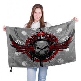 Флаг 3D с принтом Рыцарь тьмы в Петрозаводске, 100% полиэстер | плотность ткани — 95 г/м2, размер — 67 х 109 см. Принт наносится с одной стороны | ад | брызги | дьявол | красный | монстр | череп