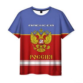 Мужская футболка 3D с принтом Хоккеист Алексей в Петрозаводске, 100% полиэфир | прямой крой, круглый вырез горловины, длина до линии бедер | russia | алексей | алеша | герб | красно | леха | леша | россия | рф | синяя