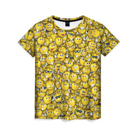 Женская футболка 3D с принтом Веселые смайлики в Петрозаводске, 100% полиэфир ( синтетическое хлопкоподобное полотно) | прямой крой, круглый вырез горловины, длина до линии бедер | emoji | smile | желтый | круглый | лица | паттерн | смайл | улыбка | эмоции