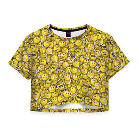 Женская футболка 3D укороченная с принтом Веселые смайлики в Петрозаводске, 100% полиэстер | круглая горловина, длина футболки до линии талии, рукава с отворотами | emoji | smile | желтый | круглый | лица | паттерн | смайл | улыбка | эмоции