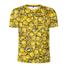 Мужская футболка 3D спортивная с принтом Веселые смайлики в Петрозаводске, 100% полиэстер с улучшенными характеристиками | приталенный силуэт, круглая горловина, широкие плечи, сужается к линии бедра | emoji | smile | желтый | круглый | лица | паттерн | смайл | улыбка | эмоции
