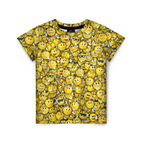 Детская футболка 3D с принтом Веселые смайлики в Петрозаводске, 100% гипоаллергенный полиэфир | прямой крой, круглый вырез горловины, длина до линии бедер, чуть спущенное плечо, ткань немного тянется | emoji | smile | желтый | круглый | лица | паттерн | смайл | улыбка | эмоции