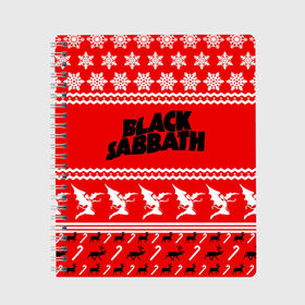 Тетрадь с принтом Праздничный Black Sabbath в Петрозаводске, 100% бумага | 48 листов, плотность листов — 60 г/м2, плотность картонной обложки — 250 г/м2. Листы скреплены сбоку удобной пружинной спиралью. Уголки страниц и обложки скругленные. Цвет линий — светло-серый
 | black sabbath | ozzy osbourne | ангелы | билл уорд | гизер батлер | группа | знак | красный | метал | музыка | надпись | новогодний | новый год | оззи | осборн | песни | праздник | ро | рождество | рок | снежинки